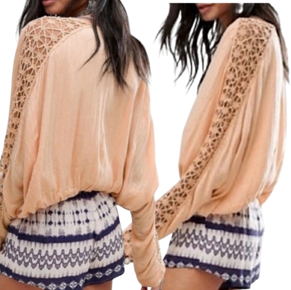 Free People Peach Crochet Sleeve High Low Women's Boho Top⭐⭐Sold - Picture 2 of 9